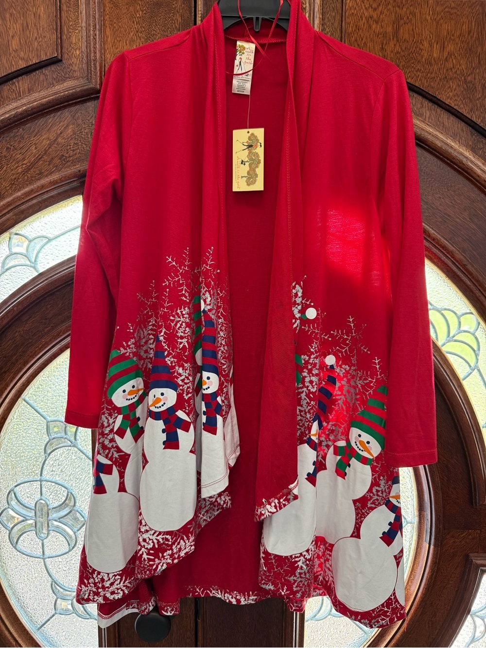 Women's Red Snowman Open-Front Holiday cardigan
